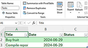 Excel Tasks table