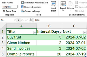 Excel Templates table